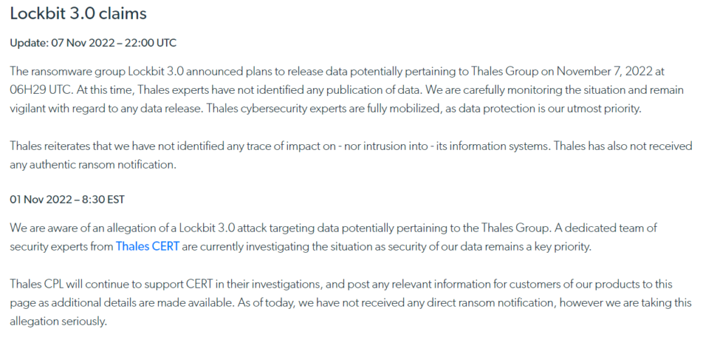 Thales' press release about the alleged lockbit intrusion