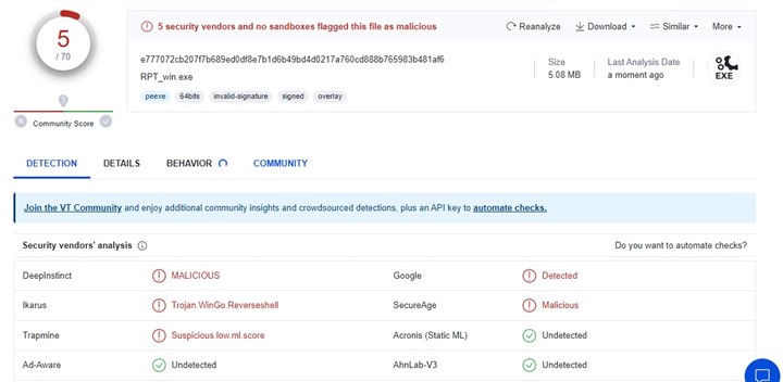 RatChatPT detection results on VirusTotal