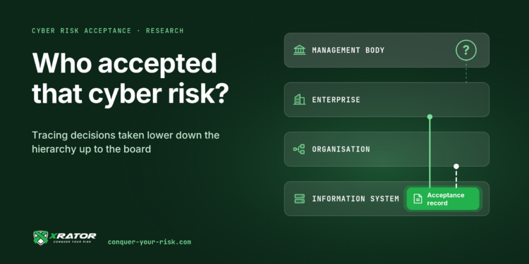 Four stacked levels, from the information system up to the management body. At the bottom, an acceptance record sends two links up, one to an enterprise risk and one to the risk acceptance criteria. At the top, a question mark asks whether the board can see the decision.